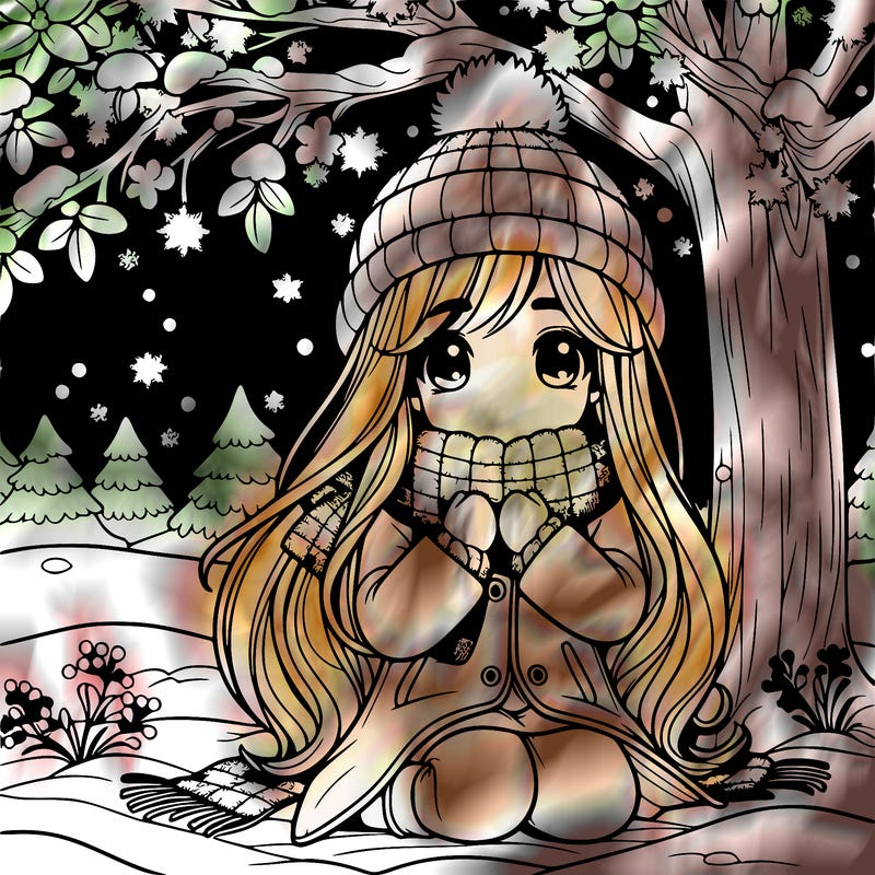 realistic girl under a tree under the snowy starry sky