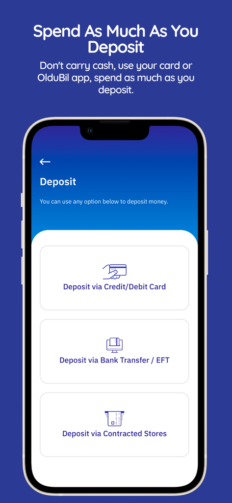 OlduBil - Mobile app interface of OlduBil showing various deposit methods including credit card and bank transfer