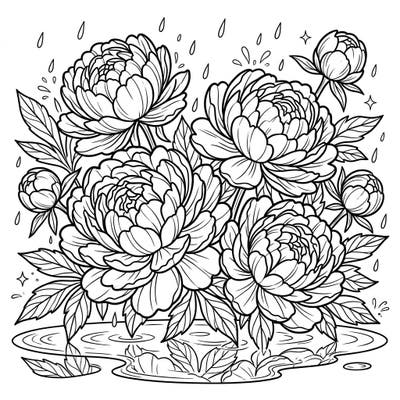Discover the enchanting beauty of blooming peonies nestled amidst a gentle rainy day. This intricate coloring page invites you to find peace and creative joy in every stroke, perfect for adult colorists seeking relaxation.