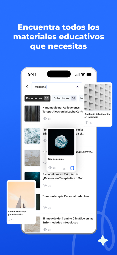 Pantalla de smartphone mostrando la aplicación uDocz buscando materiales de estudio de medicina en español.
