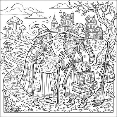 Prepare for an enchanting journey as two wise Crone Witches embark on a magical vacation. This delightful coloring page captures their adventurous spirit, complete with maps, suitcases, and wondrous destinations.