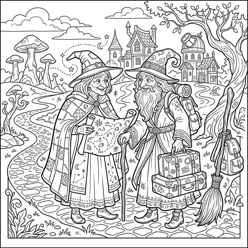 Prepare for an enchanting journey as two wise Crone Witches embark on a magical vacation. This delightful coloring page captures their adventurous spirit, complete with maps, suitcases, and wondrous destinations.