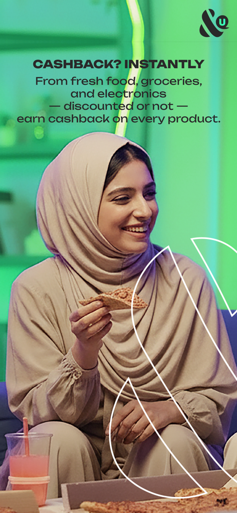 &U Loyalty - A smiling woman in a hijab holding a slice of pizza with text promoting instant cashback on groceries and electronics.