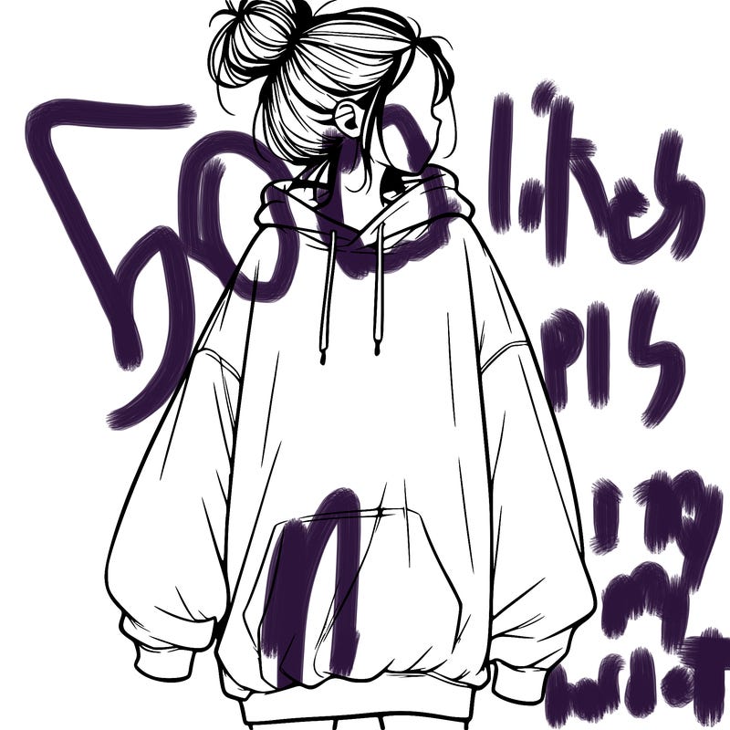 realistic girl with a oversized sweatshirt on and a bun