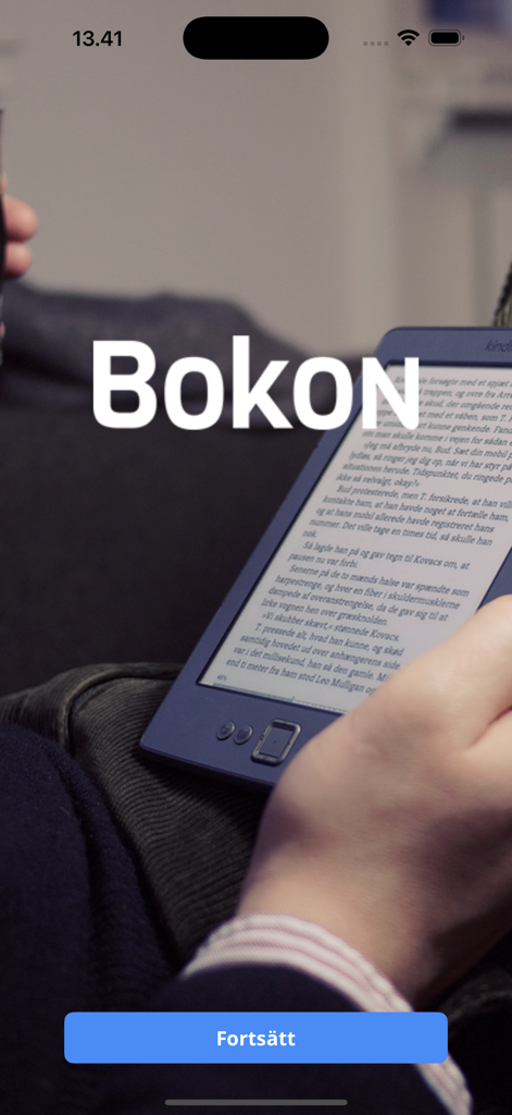 Bokon - Bokon App Startbildschirm mit einer Person, die ein E-Book auf einem mobilen Reader liest