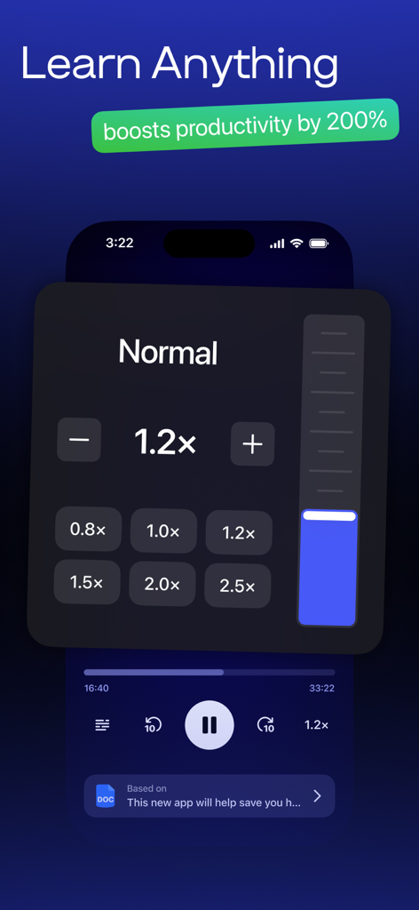 AI Podcasts by Speechify - Interfaz de control de velocidad de reproducción ajustable en la aplicación AI Podcasts de Speechify que muestra velocidades de 0.8x a 2.5x.