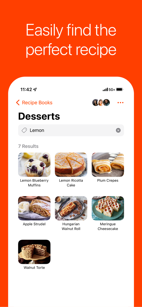 Umami app screen showing dessert recipes filtered by a lemon tag.