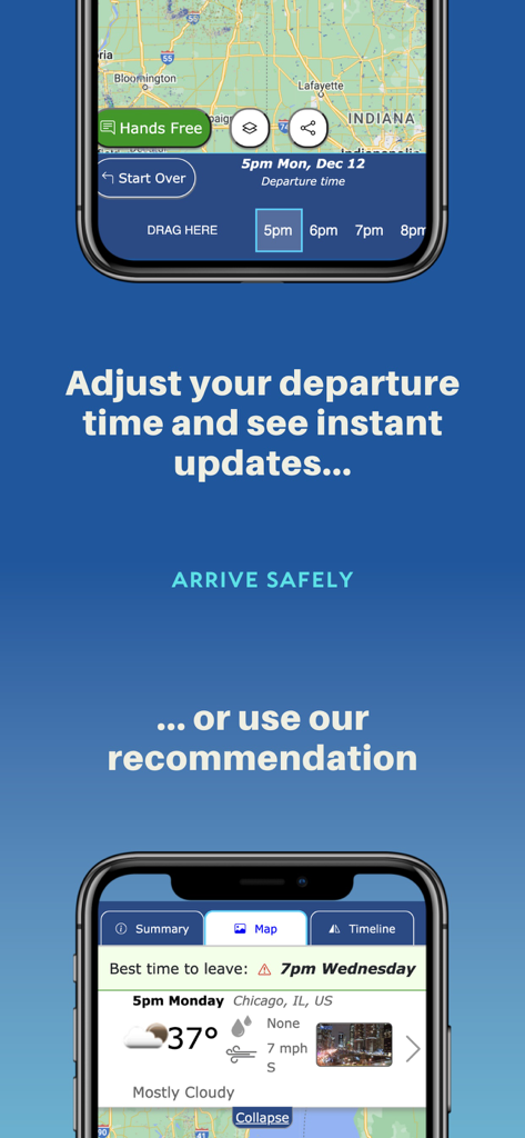 Interface of Highway Weather app showing departure time adjustment and recommended travel times