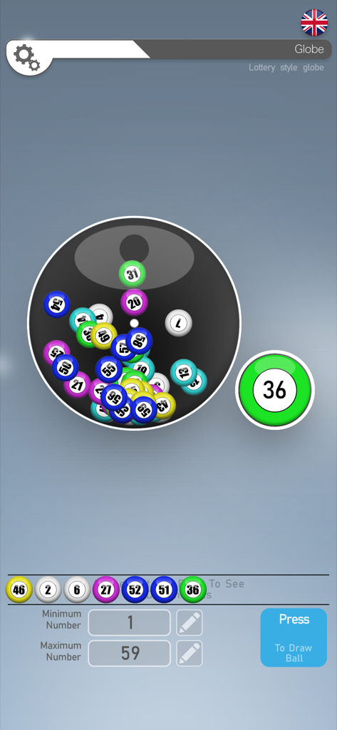 Random Number App - Interface de sorteio de bola em globo mostrando bolas numeradas saltitantes para loteria e bingo