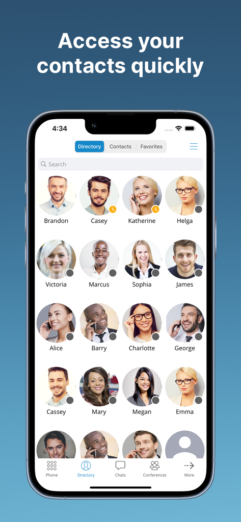 Communicator GO 7 App-Screenshot, der das Business-Kontaktverzeichnis mit Profilfotos zeigt