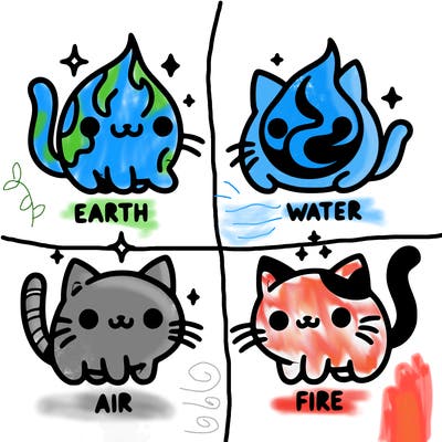 4 cats that represent the different elements, earth, water, air, and fire