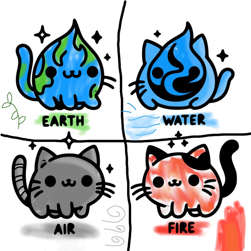 4 cats that represent the different elements, earth, water, air, and fire