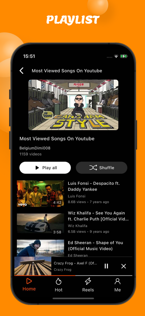 OneTube App-Oberfläche, die eine Musik-Playlist mit beliebten YouTube-Videos und Wiedergabeoptionen anzeigt