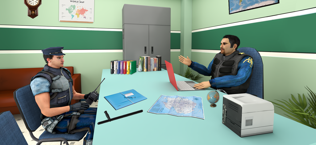 Police Dad Simulator Cop Car - Two police officers in an office discussing a case in Police Dad Simulator