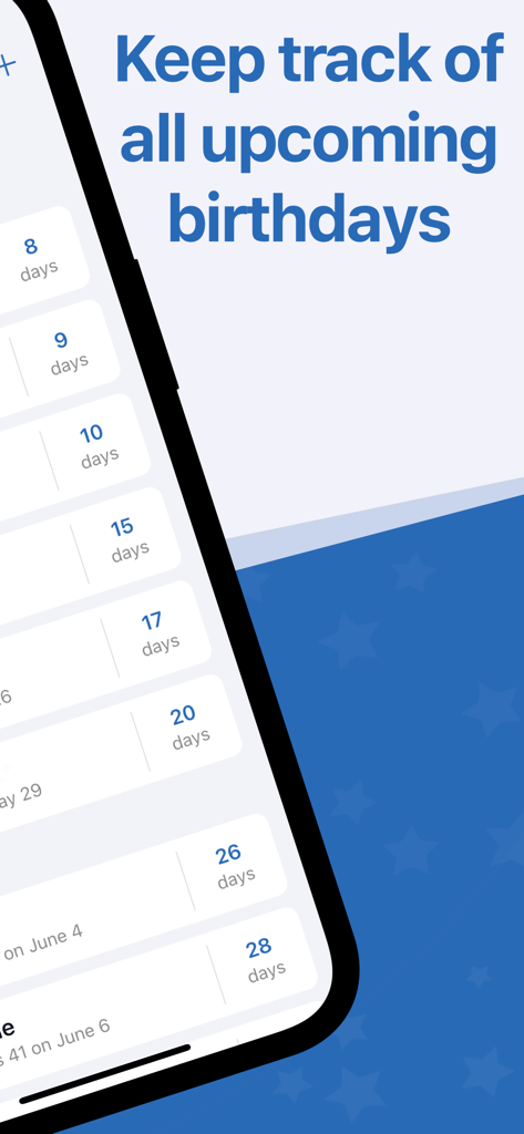 Smartphone display showing a list of upcoming birthdays with days remaining countdown.