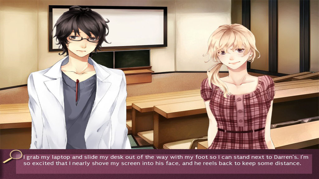 Nicole - A scene from the Nicole visual novel featuring the protagonist and Darren in a classroom