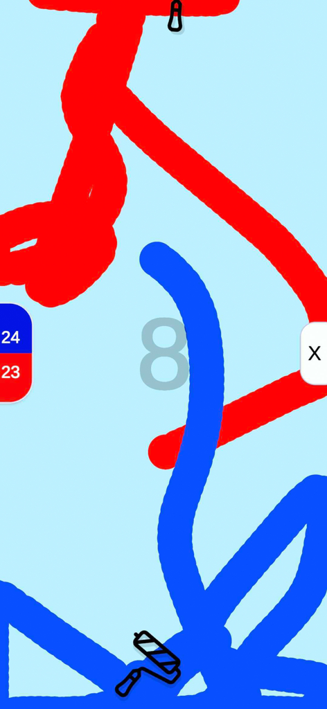 2 Player Challenge: Mini Games - Gameplay of the Paint Fight mini game in 2 Player Challenge showing red and blue paint trails and scores.