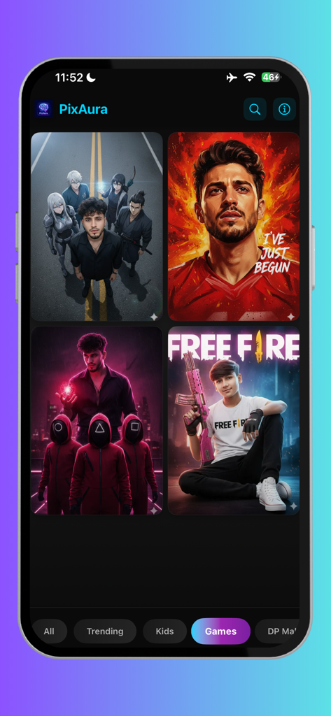 PixAura mobile app interface showing AI generated gaming and pop culture image prompts in the Games category.