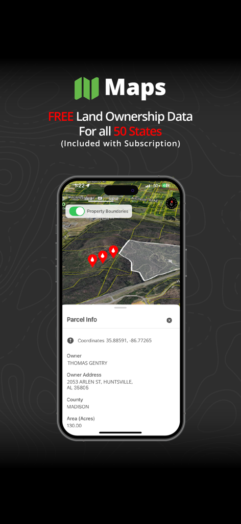 Track N Trail - Hunting & Maps - Track N Trail hunting app interface showing a satellite map with property boundaries and landowner parcel information.