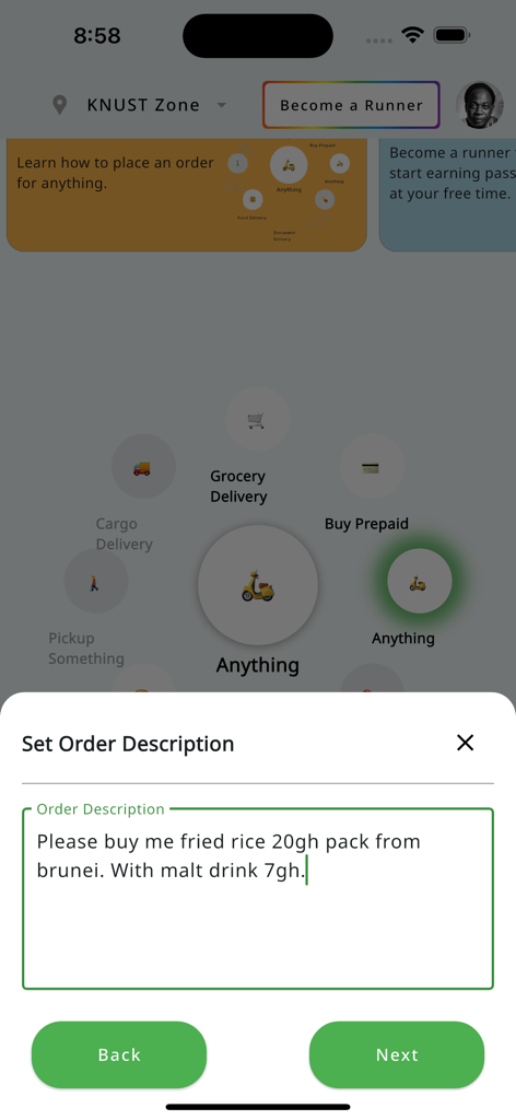 Errand-Earn - Mobile Benutzeroberfläche der Errand-Earn App, die das Popup für die Auftragsbeschreibung für eine Campuslieferanfrage zeigt.