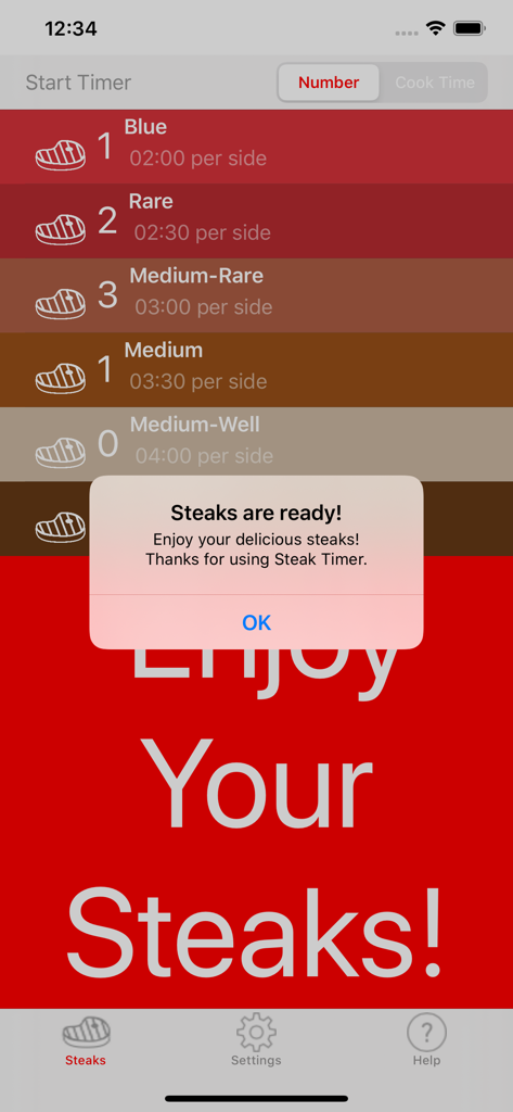 Steak Timer Pro - Steak Timer Pro mobile app interface with a notification alert saying steaks are ready and a list of doneness levels