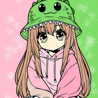 girl with anime shaped eyes with a dinosaur bucket hat oversized sweatshirt long straight hair