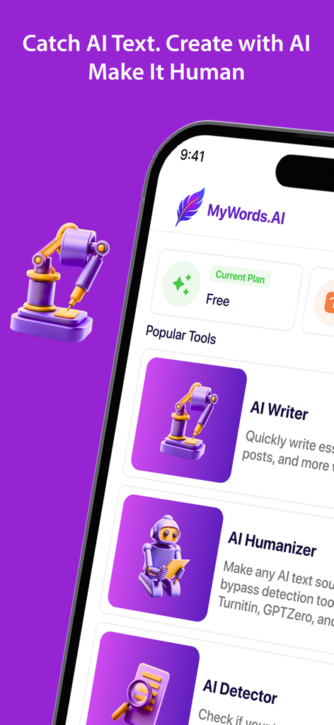 AI Humanizer - MyWordsAi - Home screen of the MyWordsAi app displaying its AI Writer AI Humanizer and AI Detector tools.