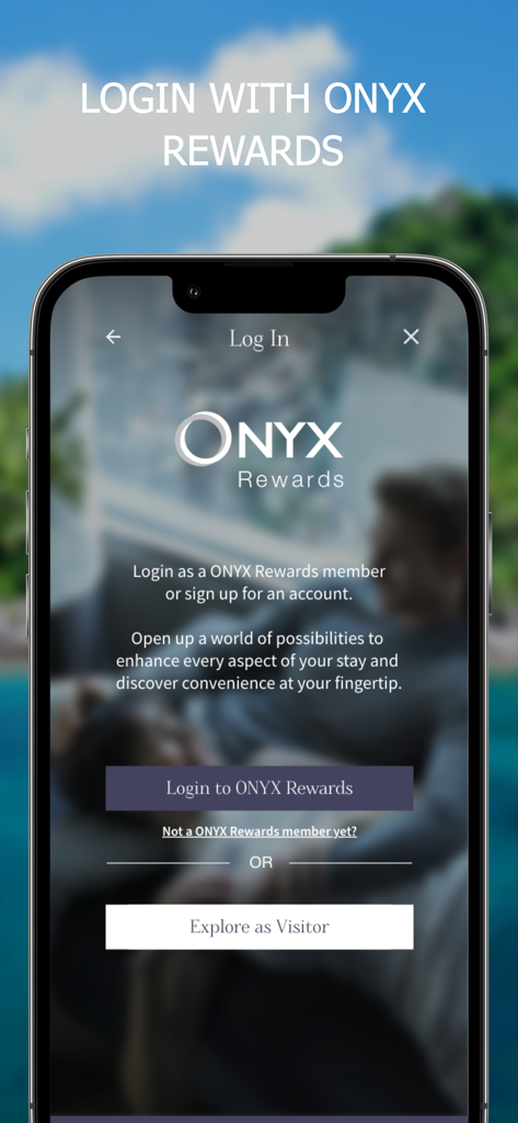 ONYX Rewards - ONYX Rewards mobile app login and registration screen on iPhone