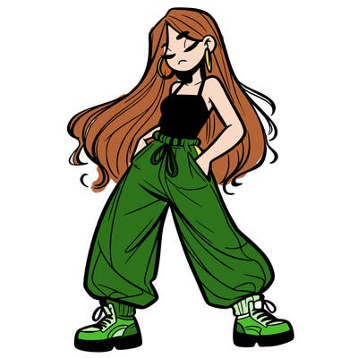 girl in baggy pants crop top and long hair