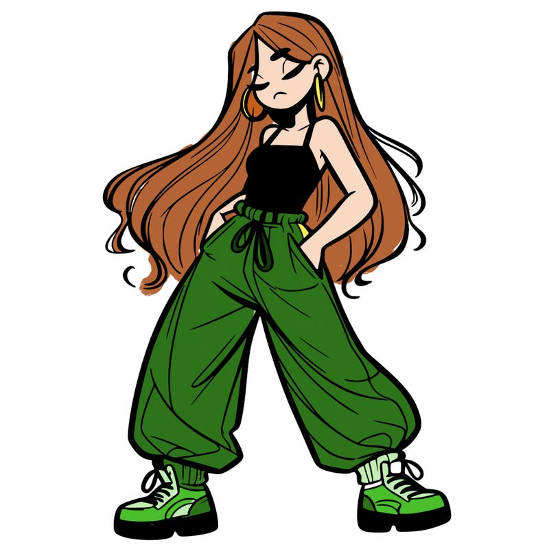 girl in baggy pants crop top and long hair