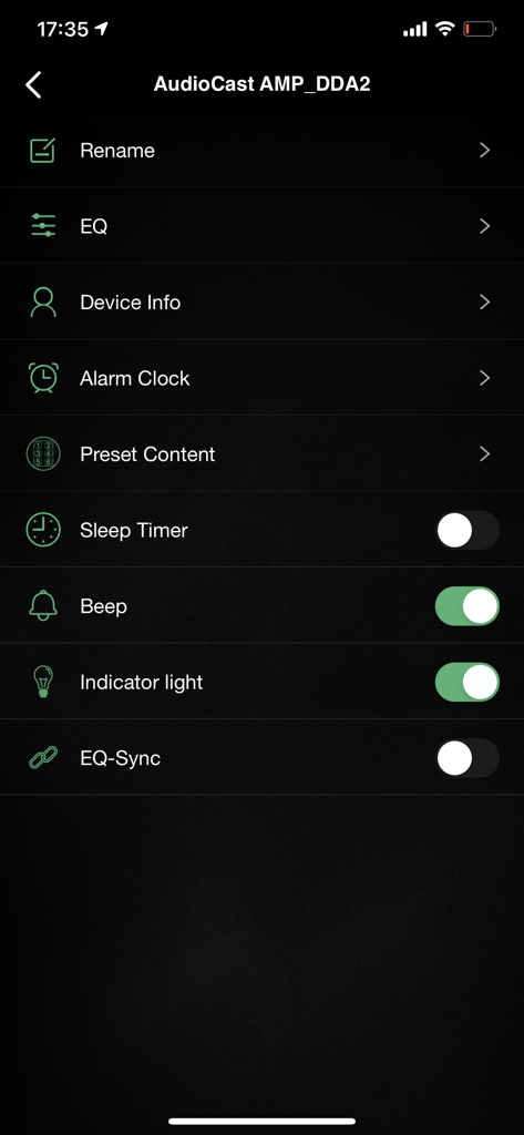 AudioCast - Settings screen for an AudioCast device showing options for EQ, alarm clock, and indicator light.