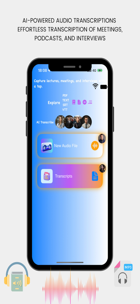 AI powered audio transcription app interface for meetings and podcasts