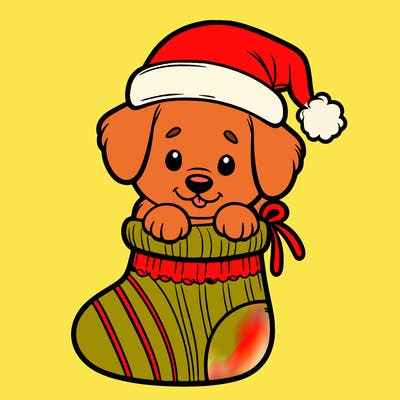 cute puppy wearing santa hat in socking