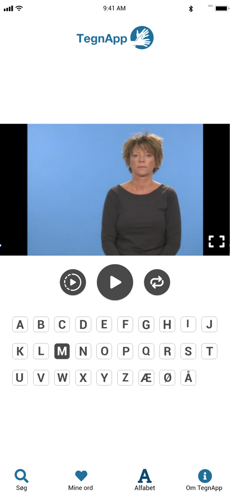 Interfaz de TegnApp mostrando un video de un intérprete de lengua de señas y un teclado alfabético para buscar señas.