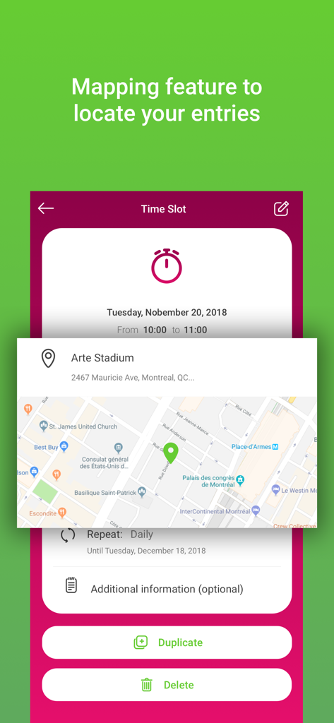 Athlete Central app interface showing a mapping feature for whereabouts entries with a specific time slot at Arte Stadium.