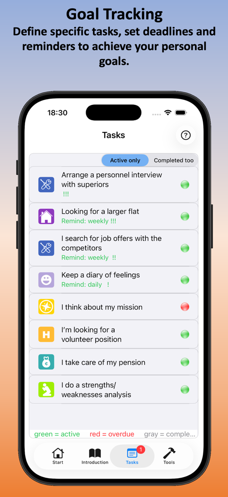 Life-Improver - Selfcoaching - Life-Improverアプリのタスク管理画面に、個人の開発目標とステータスインジケーターのリストが表示されています。