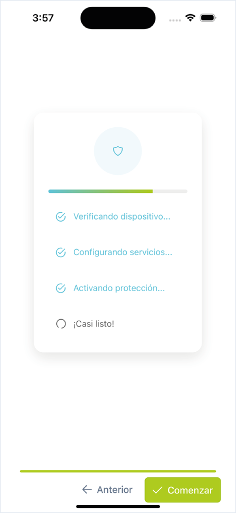 RAP App - Tela de configuração do aplicativo RAP mostrando o progresso da verificação do dispositivo e ativação de segurança