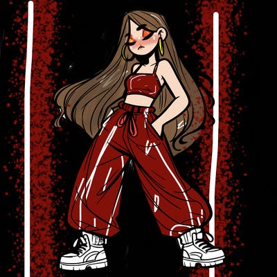 girl in baggy pants crop top and long hair