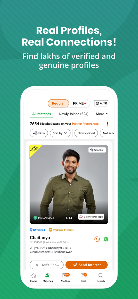 OriyaMatrimony app interface showing a verified profile of an Odia professional with details like age community and horoscope