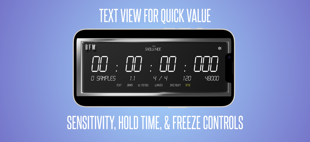 BFM - Metering Suite - Application BFM Metering Suite affichant un timecode numérique haute visibilité et des informations de session sur un écran d'iPhone.