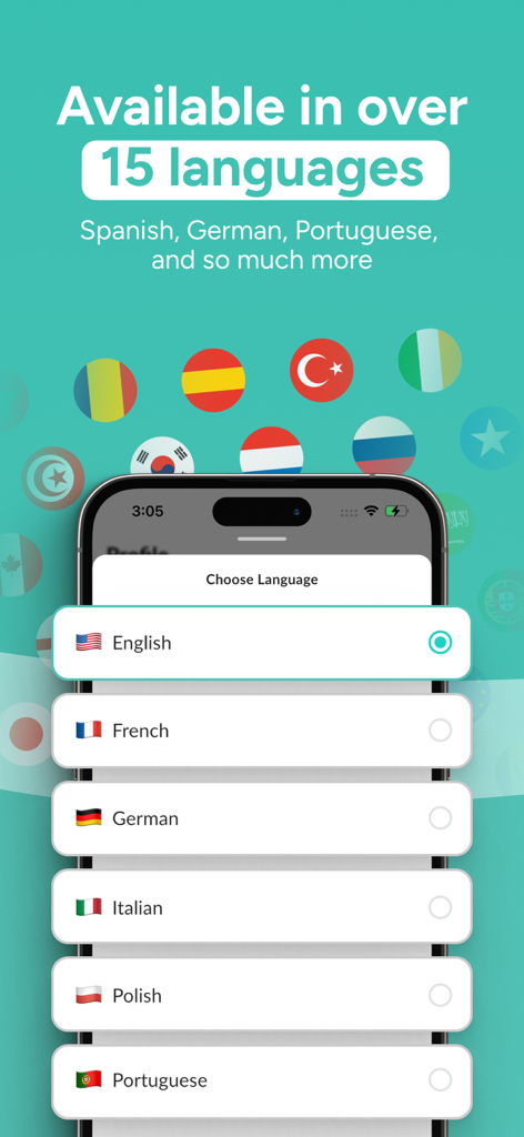 WeStrive - WeStrive mobile app screen showing a list of over 15 available languages including English French and German