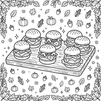 Get ready for a delightful coloring experience with these adorable mini slider burgers set against a cozy autumn backdrop. This festive page blends delicious treats with the beauty of fall harvest, perfect for a relaxing creative session.