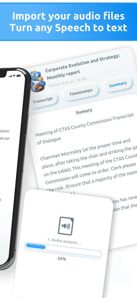 Transcribe Audio to Text – AI - Interfaz de la aplicación móvil que muestra un resumen de reunión generado por IA y el progreso de la transcripción de audio