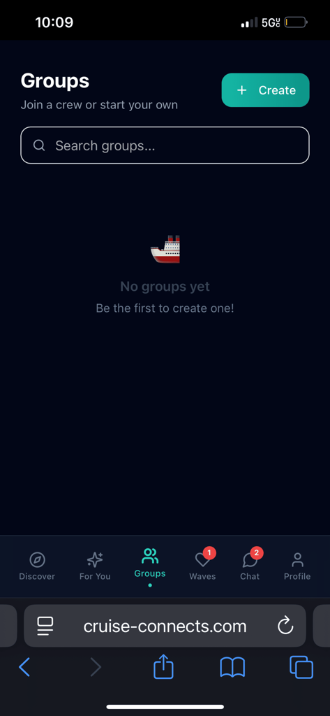 Cruise Connect App - Cruise Connect app groups interface for creating and joining travel crews