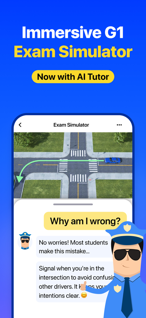 Ontario G1 Practice Test Genie - Ontario G1 Practice Test Genie app interface showing the immersive exam simulator and AI tutor feedback