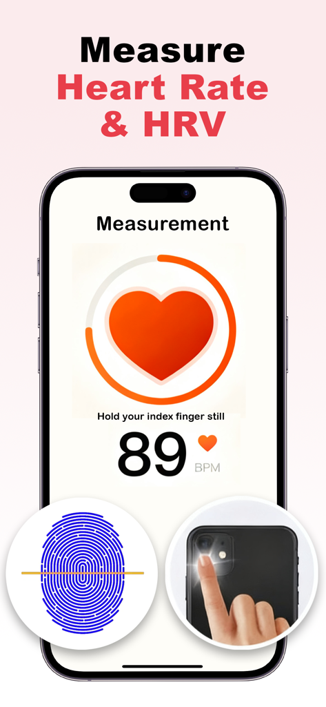 AI Pulse: Heart Rate Monitor - AI Pulse app interface showing a heart rate measurement of 89 BPM and a finger over the iPhone camera lens.