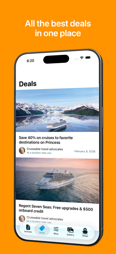 Cruiseable: Cruise Ship Finder - クルーズブルアプリのディールページのスクリーンショットに、プリンセス号とリージェント・セブンシーズ・クルーズの特別オファーが表示されています。