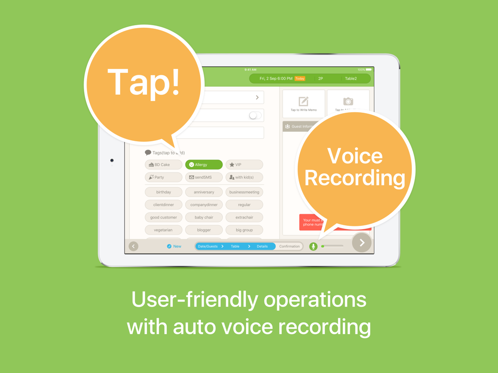 ゲストタグとボイスレコーディング機能が表示されたToretaレストランアプリインターフェースのiPad
