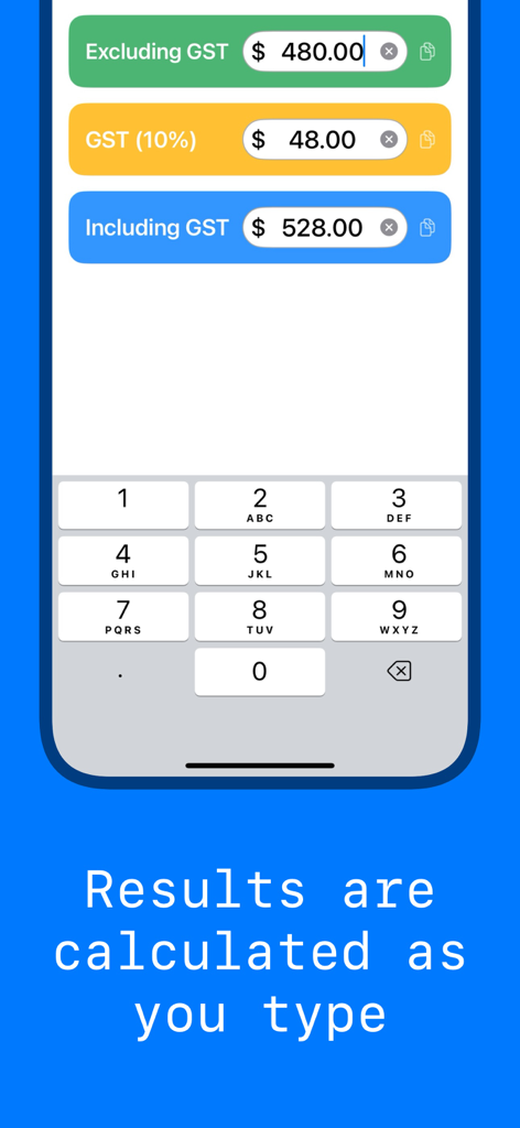 Australia GST - Tax Calculator - オーストラリアGST税金計算機アプリのインターフェースのスクリーンショット。リアルタイムの価格計算が表示されています。