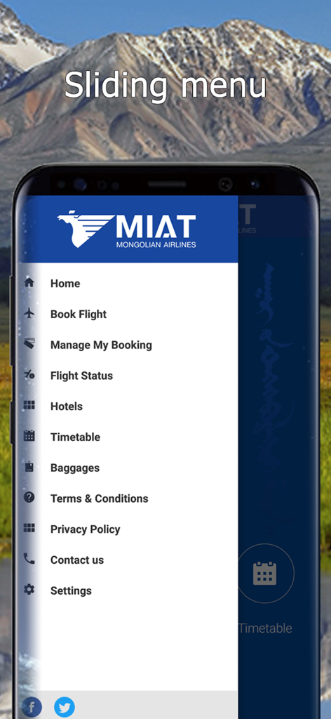 MIATモンゴル航空モバイルアプリのスライディングナビゲーションメニュー。フライト予約やステータスなどの旅行オプションを表示。